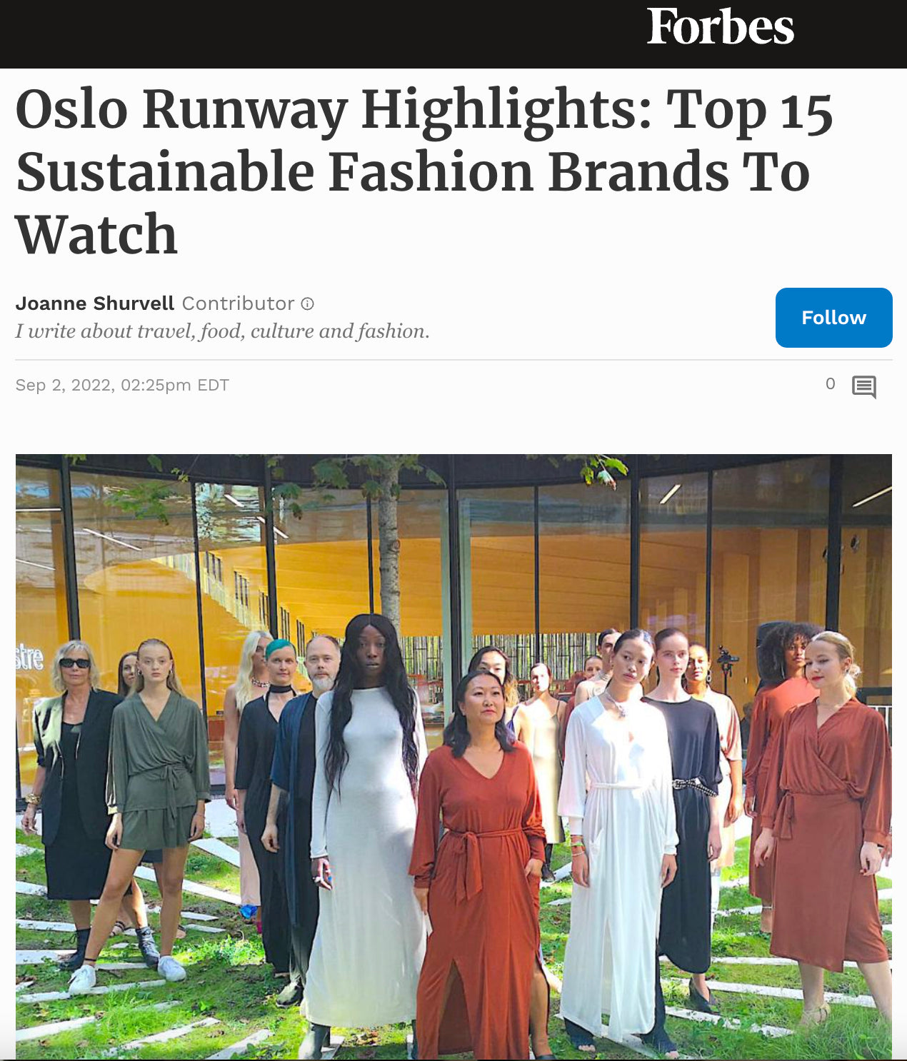 Forbes article featuring founder Anette Miwa Dimmen with AWAN models wearing the AWAN collection. The models are standing outdoors, showcasing a range of sustainable fashion designs in various colors and styles.