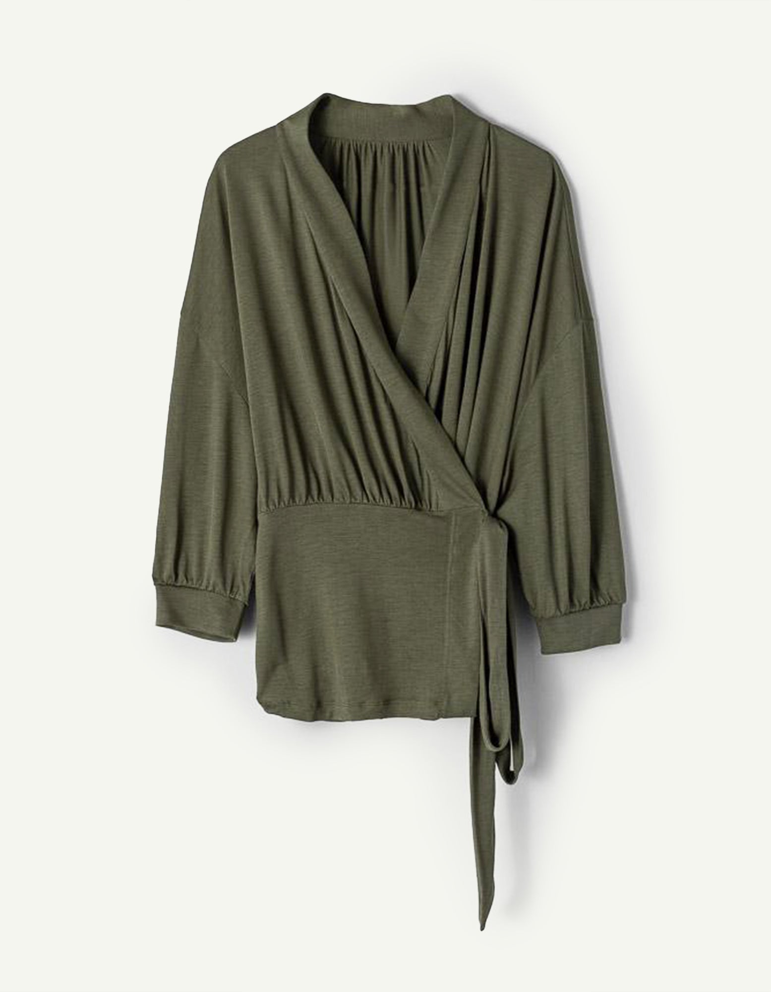 AWAN Wrap Cardigan in Olive Green, featuring a relaxed fit with an adjustable waist tie and long sleeves. This versatile cardigan offers a stylish and comfortable layer for any outfit.