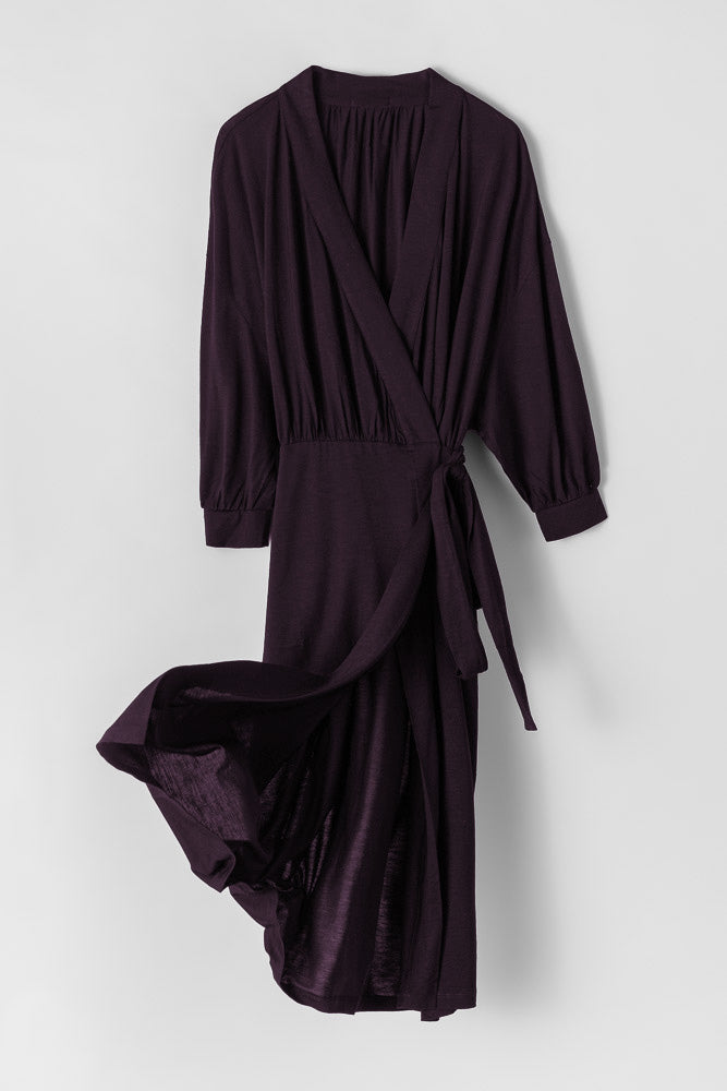 Soft Wrap Dress in Deep Plum – 250 gsm TENCEL™ Lyocell jersey. Designed in Norway. Made in Portugal. By AWAN (As We Are Now).